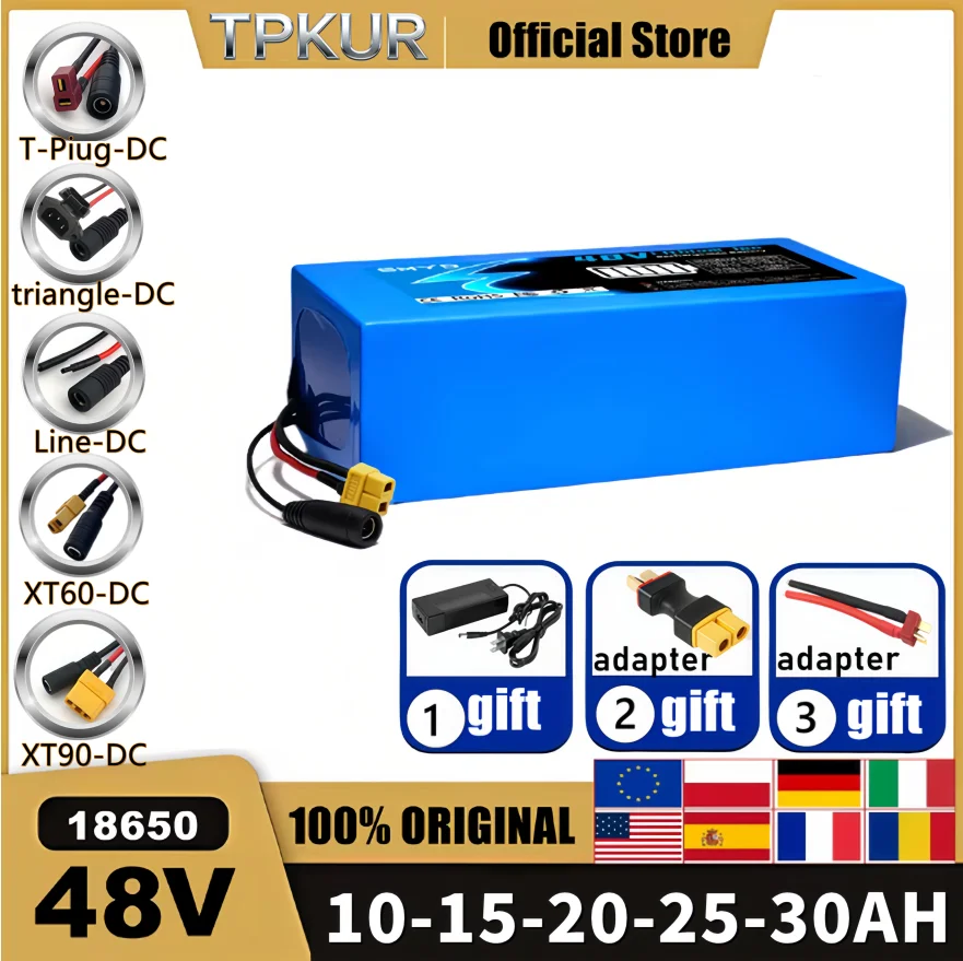 brand new 48V Battery 10Ah 15Ah 20Ah 25Ah 30Ah 18650 Battery Pack for 100-1500W Bike, Bicycle, Scooter & Other Motors