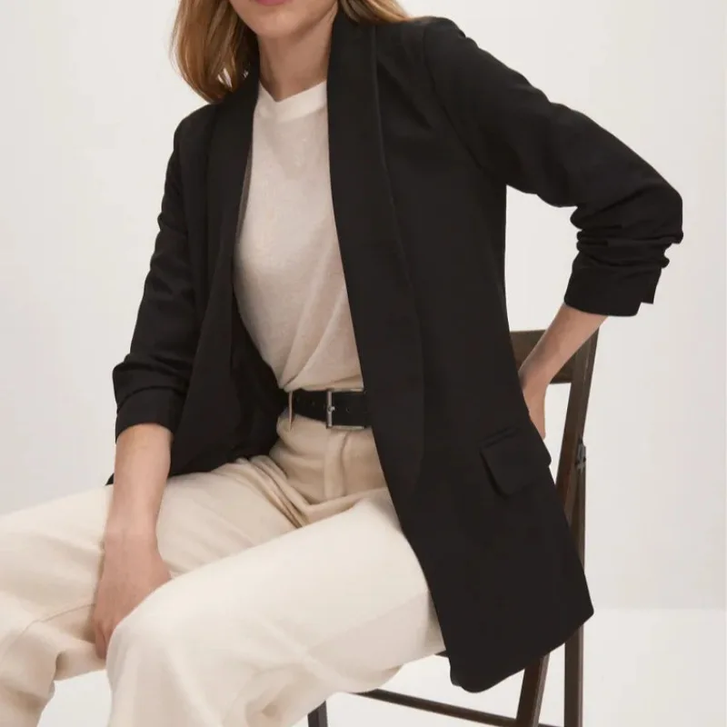 เสื้อแจ็คเก็ตสูทผู้หญิง แขนยาว ปกพับ ผ้าโพลีเอสเตอร์ สไตล์ลำลอง เรียบง่าย ดูดี มีระดับ เหมาะสำหรับใส่ไปทำงาน ให้ลุคแบบ 3 มิติ