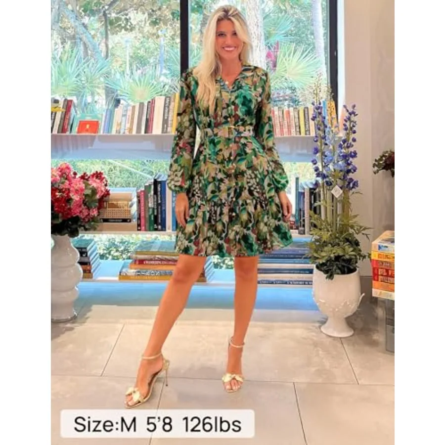 ZESICA Gaun Mini Wanita Motif Bunga Musim Semi Musim Panas Lengan Panjang Kancing Chiffon A-Line Swing Pendek untuk Pesta Pernikahan