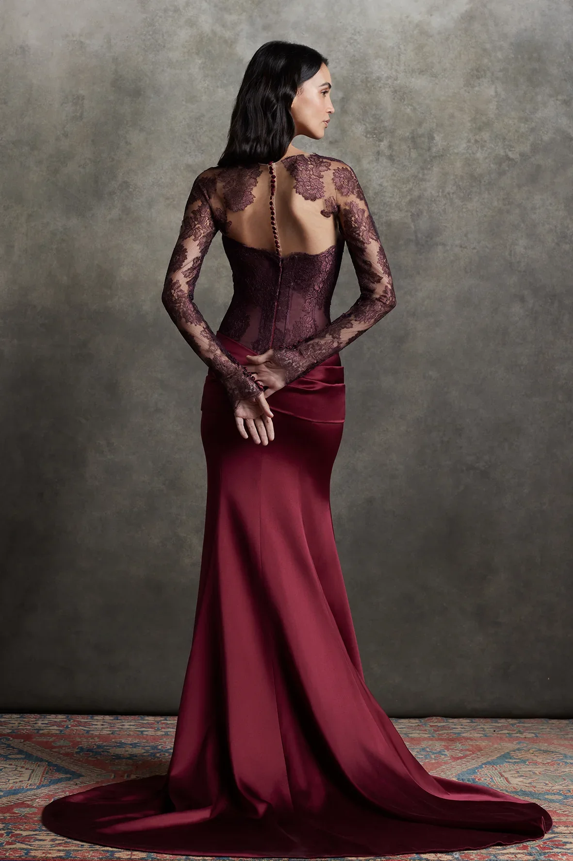 Benutzerdefinierte Spitze langärmeliges Meerjungfrau-Abendkleid trägerloses elegantes bodenwischendes Ballkleid Cocktailpartykleid
