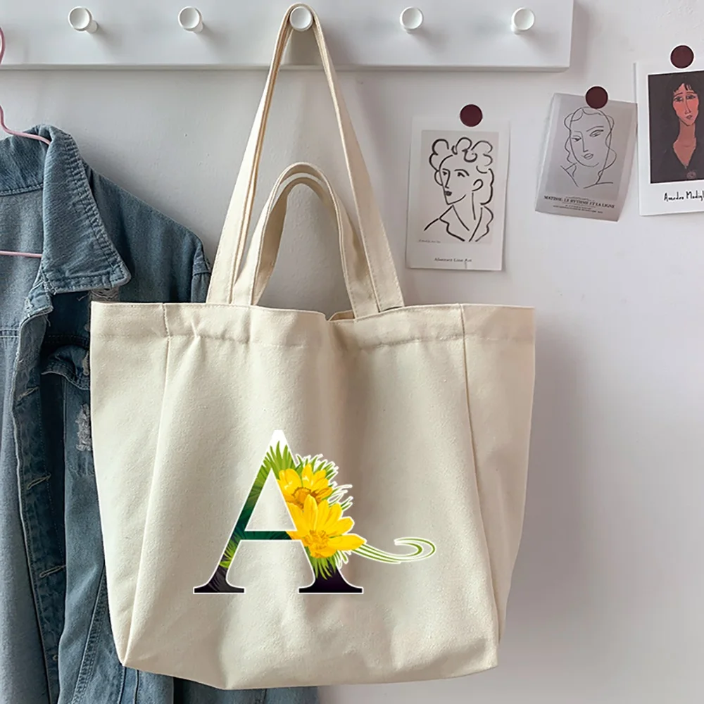 Women Canvas Shoulder Bag Flower Color 26 Letter Name Print Casual Handbag Tote Bag Reusable Large Capacity Shopping Beach Bag