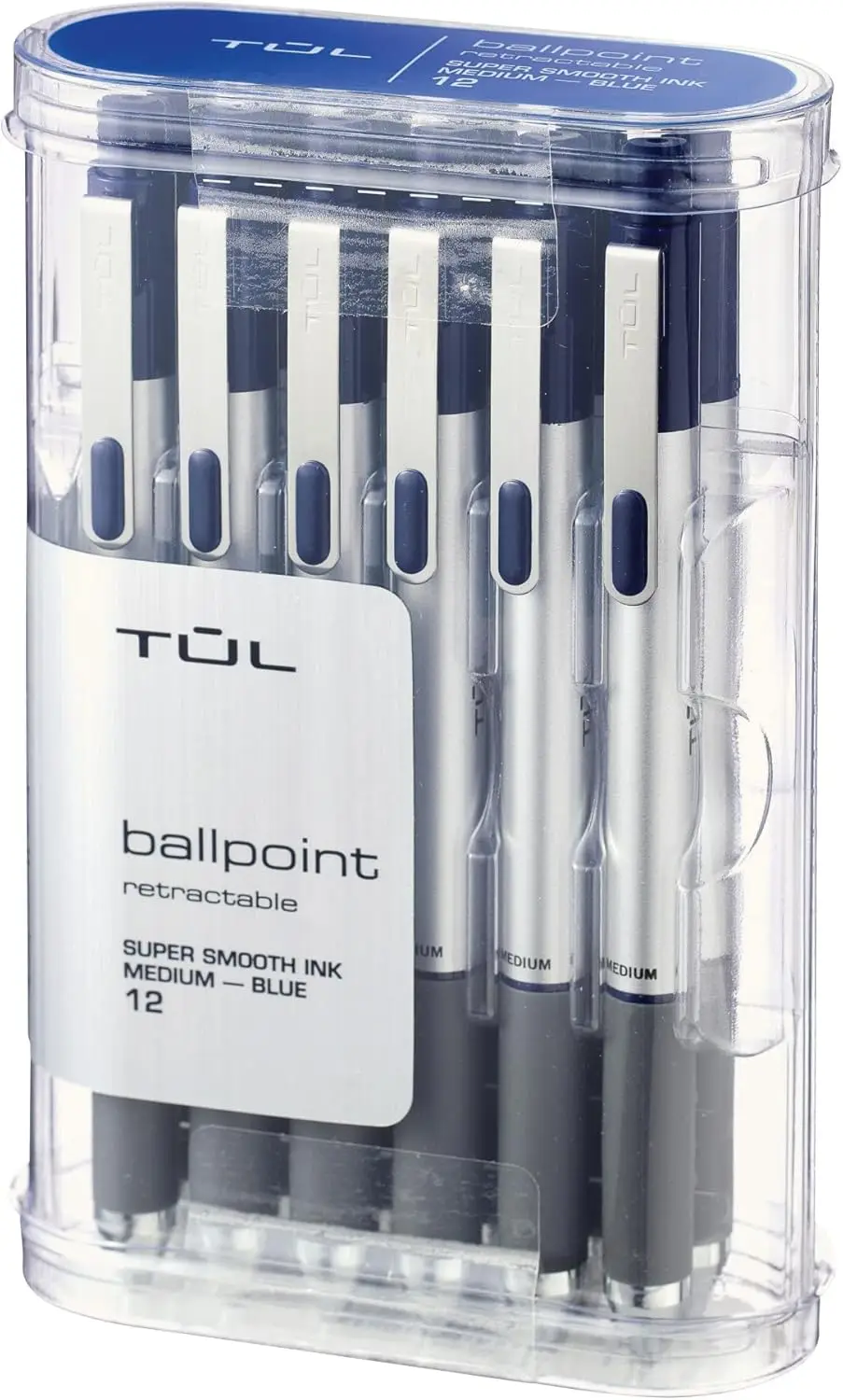 

Smooth Retractable Ballpoint Pens, Medium Point 1.0mm, Blue Ink, Silver Barrel, 12 Pack