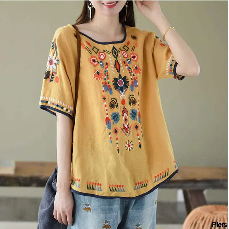 New Chinese Style Traditional Clothing Summer Women Tops 2025 New Vintage Printing O- Neck Female Shirt Loose  Size Blouse