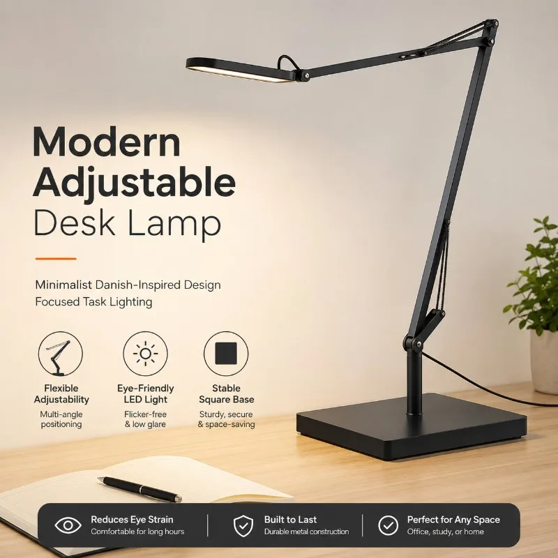 Modern Adjustable Swing Arm LED Desk Lamp Eye-Care Table Light Study Office Bedroom Reading Task Lamp with Clamp Base Decor