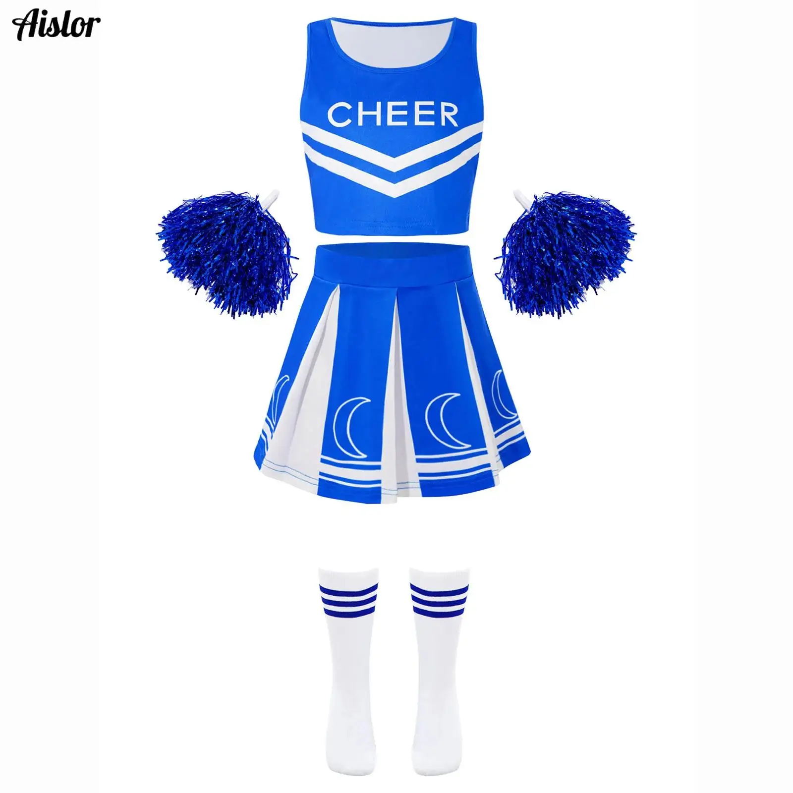 

Kids Girls Cheerleading Dance Dress Letter Printed Sleeveless Tank Crop Top+Pleated Skirt+Hand Flowers+Socks 4Pcs/Set Streetwear