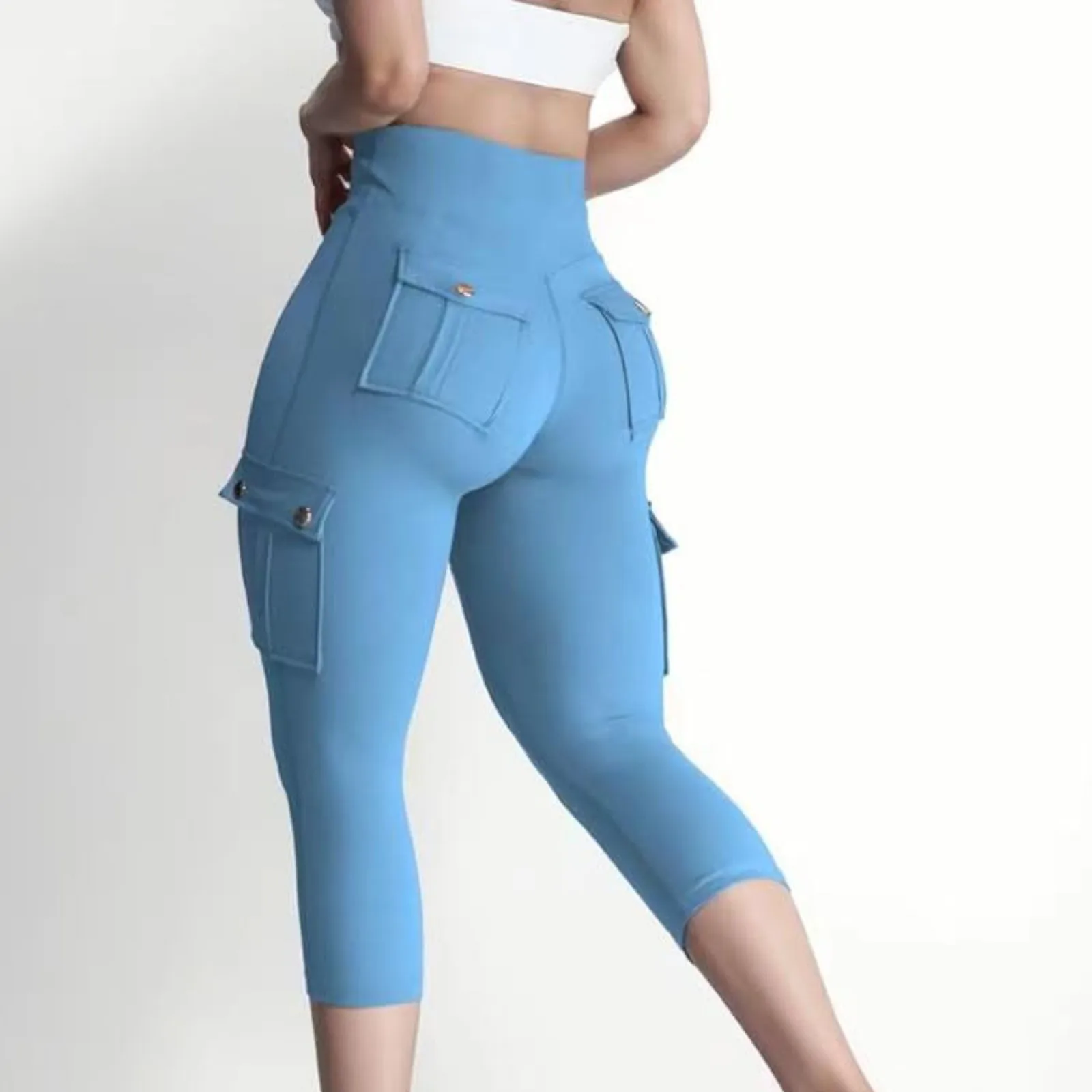 Butt Lifting Legging Dames Casual Hoge Taille Effen Kleur Cargo Legging Zomer Workout Strakke Fit Yogabroek Met Zakken 2024