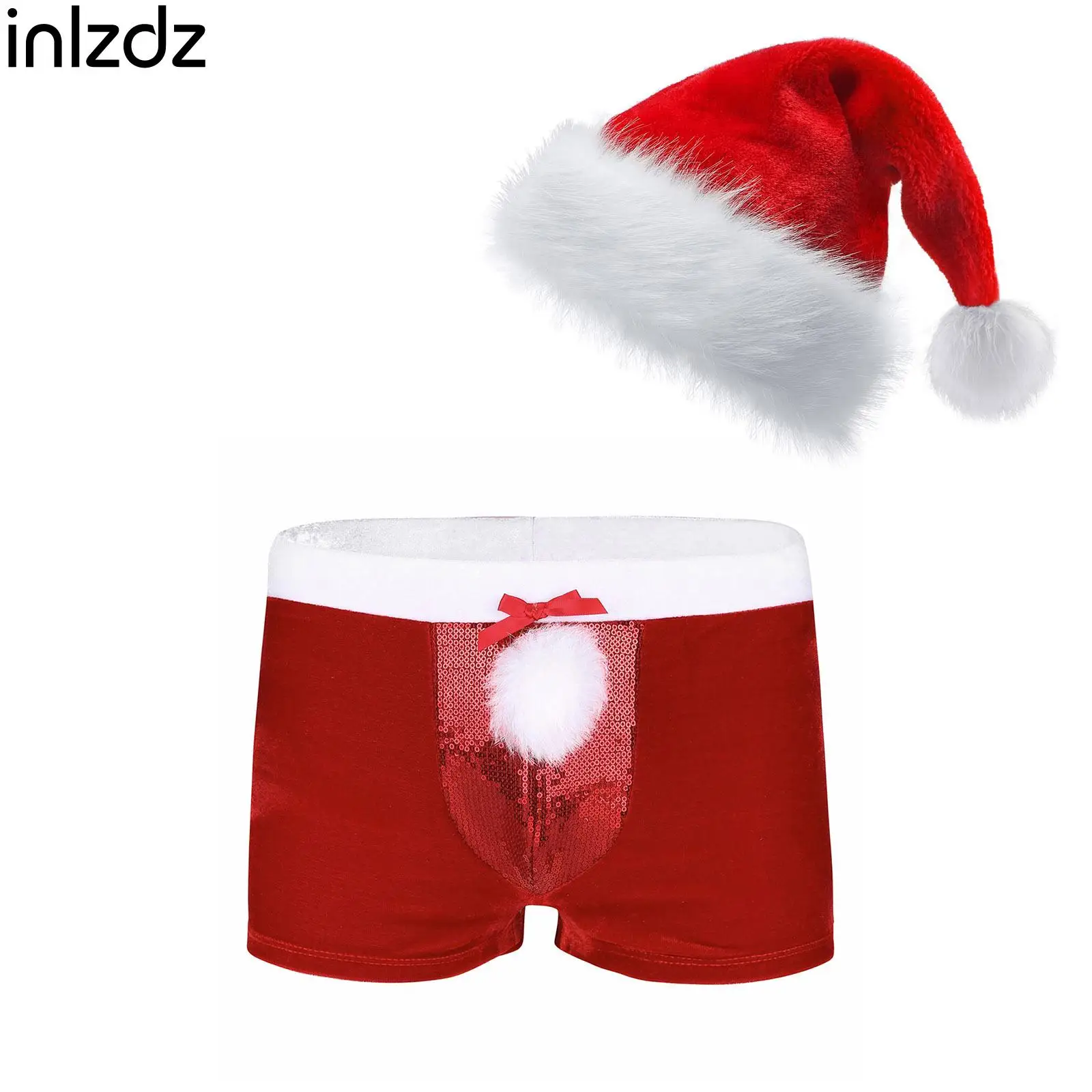 

Mens Christmas Lingerie Costume Set 2Pcs Elastic Waistband Boxer Briefs Shorts with Hat for Club Nightwear Sleepwear Anniversary
