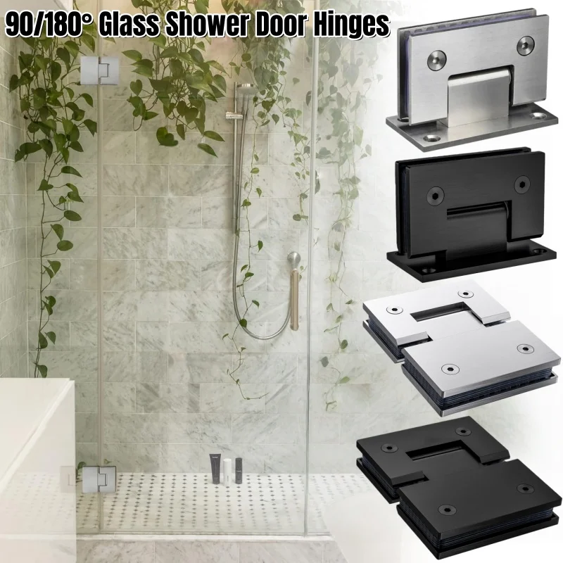 90°/180° Stainless Steel Glass Hinges Heavy Duty Glass Bracket Clamp Bathroom Shower Door Support Clip for Wall / Glass-to-Glass