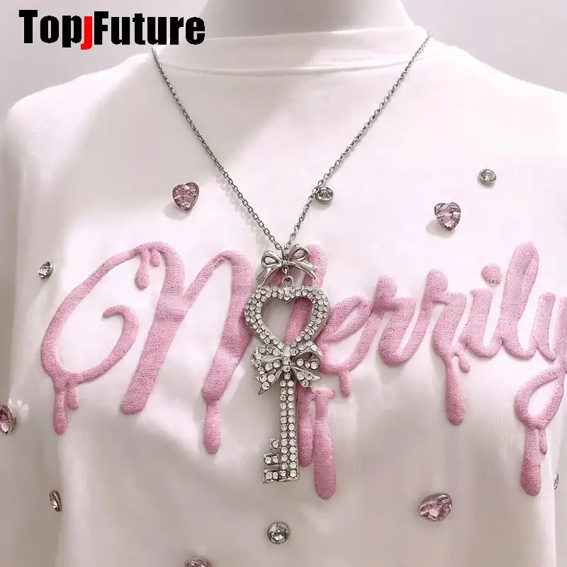 Y2K Subculture Handmade Lace Style Mass Produced Subculture Japanese Gyaru Diamond Rhinestone Heart Key Necklace Sweater Chain