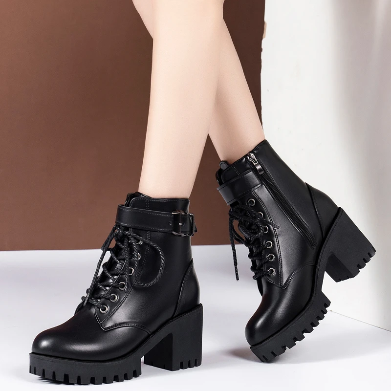 Thick Heel Ankle Boots for Women 2022 New Black Leather PU High Heels Shoes Woman Autumn Winter Platform Motorcycle Boots Women