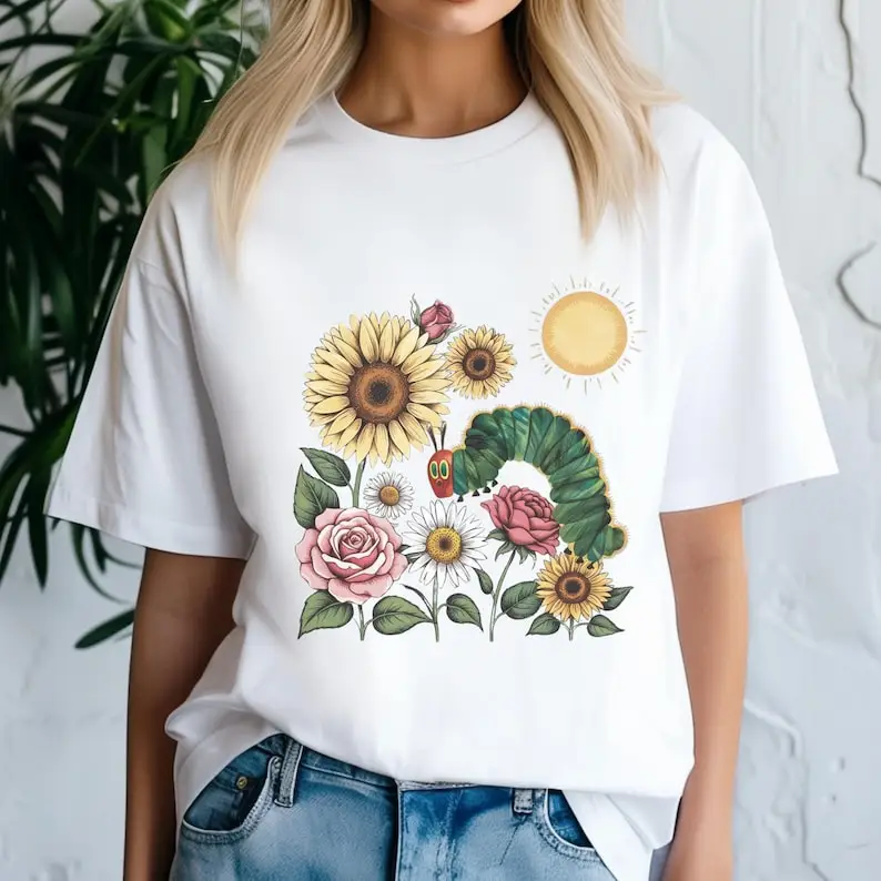 The Very Hungry Caterpillar Cotton Tee Summer Short Sleeve Book Lover Shirt Back To School Gift for Teachers Graphic T-Shirts