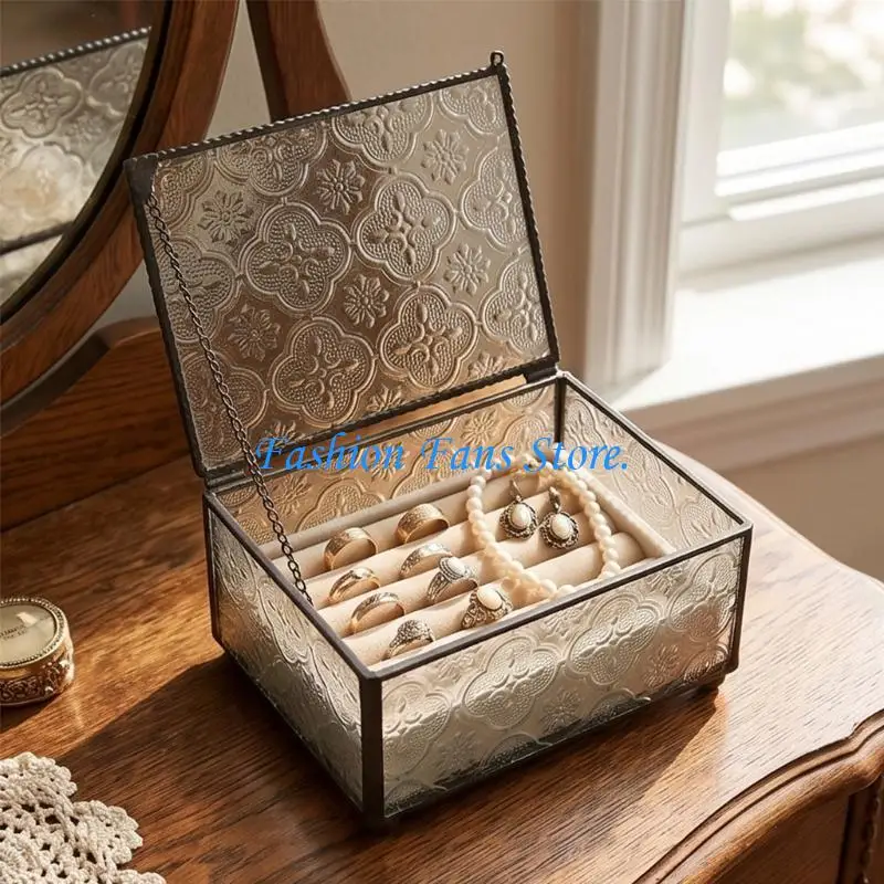 Vintage Glass Jewelry Box with Embossed Floral Panels, Dark Metal Frame, and Hinged Lid for Accessory Storage, Dresser Display