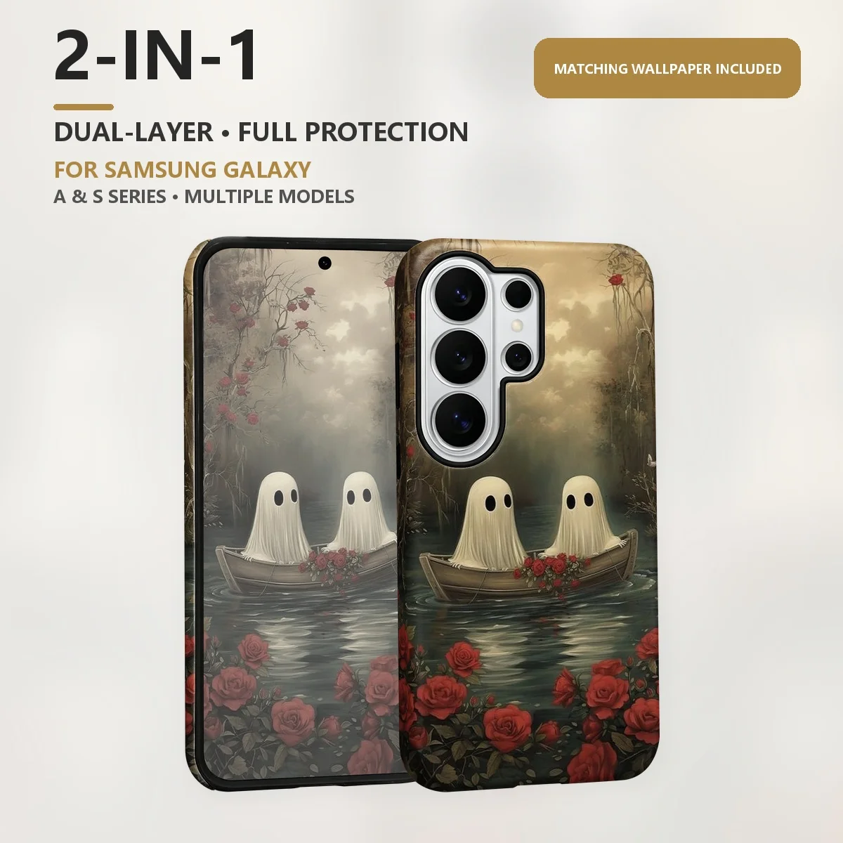 Ghost Boat Roses 2-in-1 Dual-Layer Phone Case for Samsung Galaxy S26 S25 S24 S23 S22 S21 Plus Ultra FE S20 FE A56 A17 A16 A15