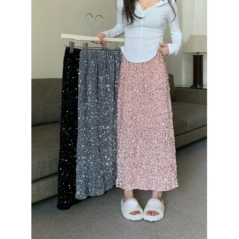 Spring Straight Back Split Pink Sequin Skirt Women A Line Vintage Wrap Hip Midi Faldas Jupe S Long Y2k
