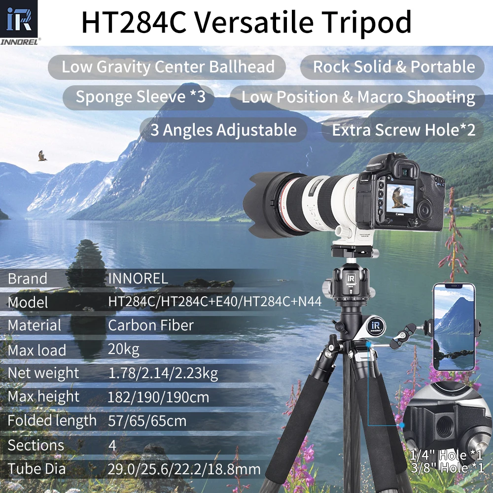 INNOREL HT284C Horizontal Camera Tripod 182cm with Center Column Carbon Fiber Stand for DSLR Video Camcorder 20kg Max Load