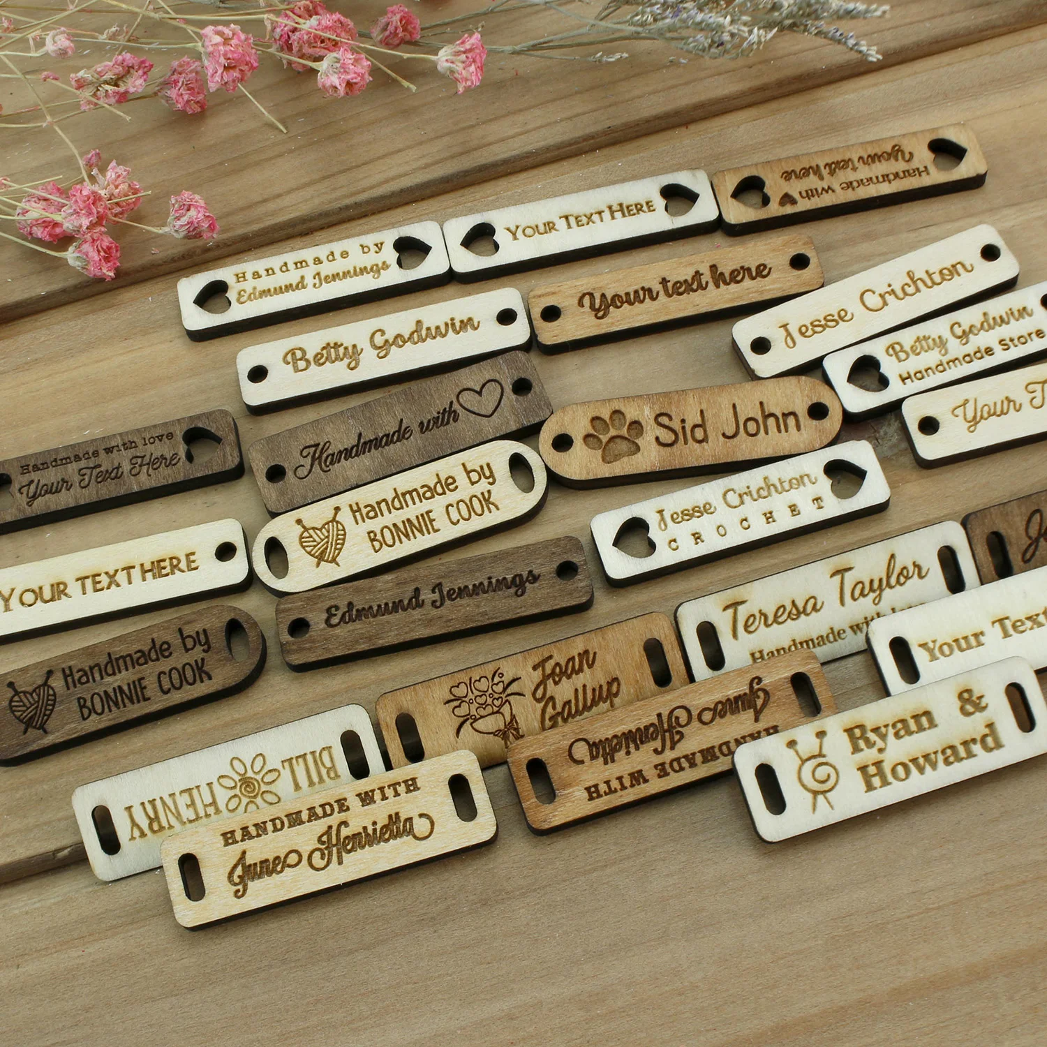 Prostokątna drewniana etykieta, drewniane guziki, spersonalizowane, niestandardowe drewno, drewniana etykieta z imieniem, zawieszki na prezenty, grawerowane laserowo, DIY WOOD CRAFT, szydełkowane