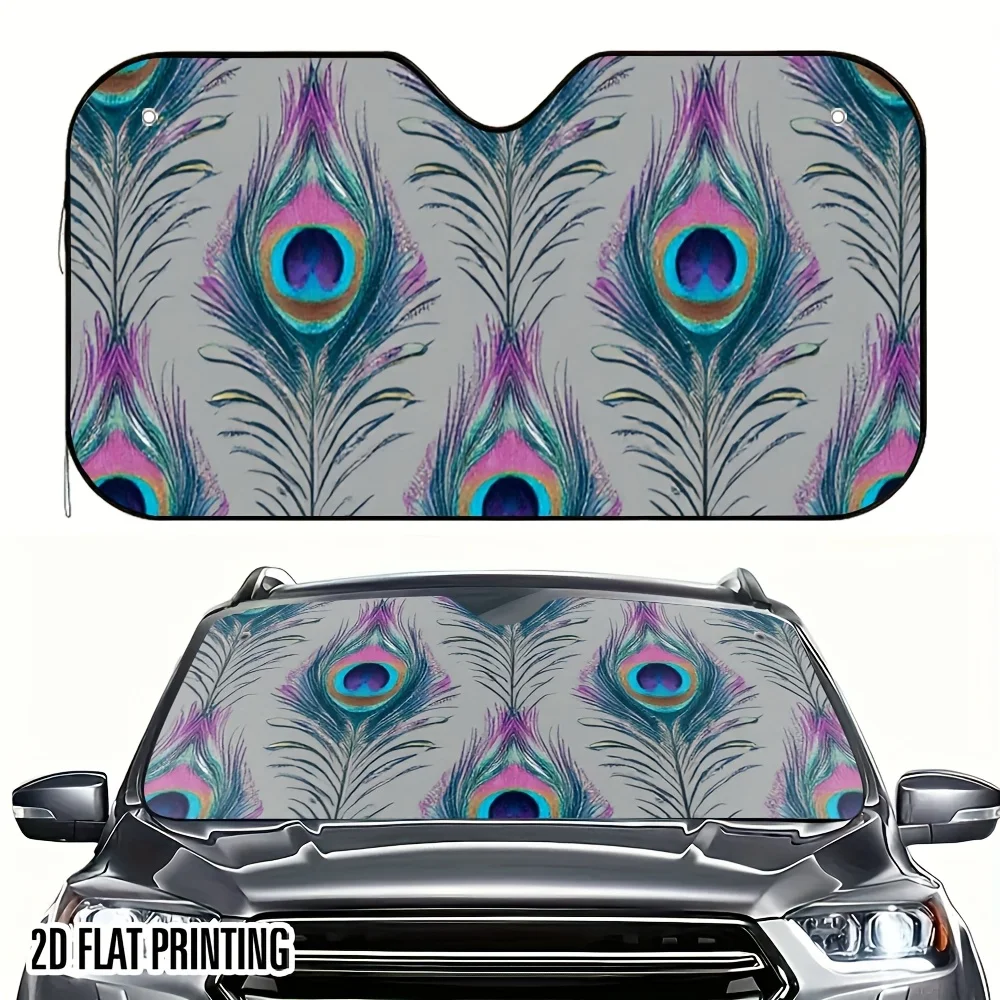 1pc 2D Flat Peacock Feather Colorful Design Car Sunshade – Keeps Your Car Cool, Includes 4 Suction Cups For Easy Setup, Foldable