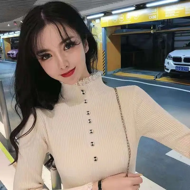 Pulover wanita kerah tinggi, atasan Sweater lengan panjang wanita, Sweater hangat berkancing, renda dasar rajut, kerah setengah tinggi, Trendi, musim gugur, musim dingin