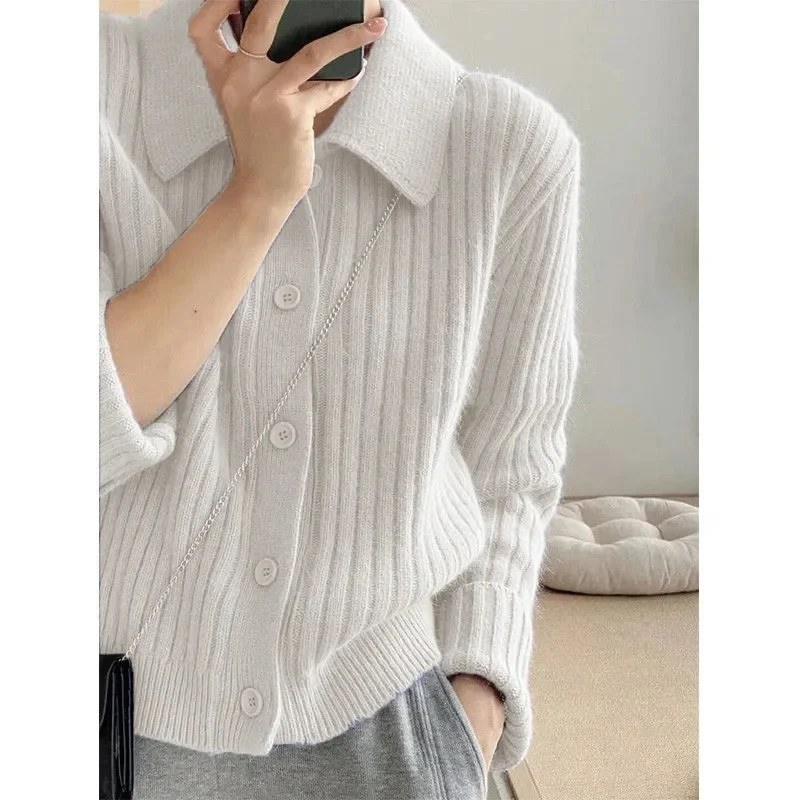 

2023 New Gentle Style Taro Purple Polo Small Polo Sweater Cardigan Women's Short Vertical Stripe Slim Knitted Shirt Shawl Overla