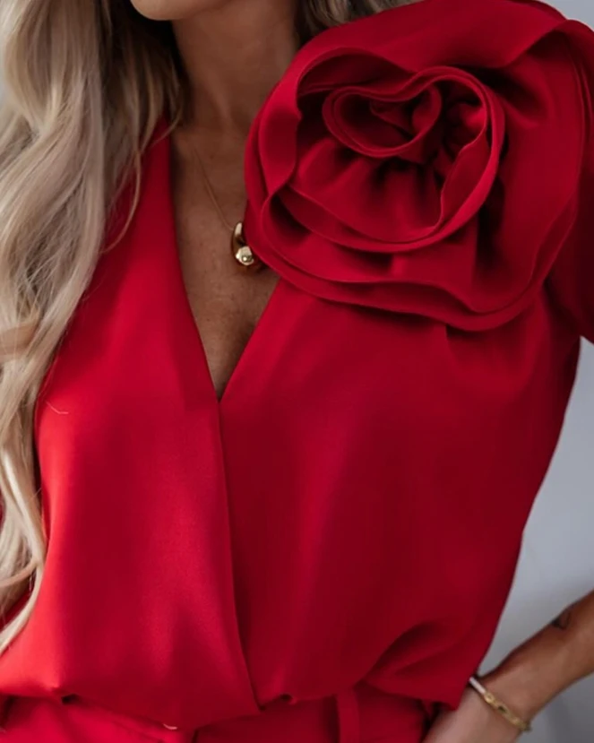 Fashion Woman Blouse 2023 Winter New Solid V-Neck Rose Detail Office Lady Long Sleeves Overlap Top Temperament Commuting