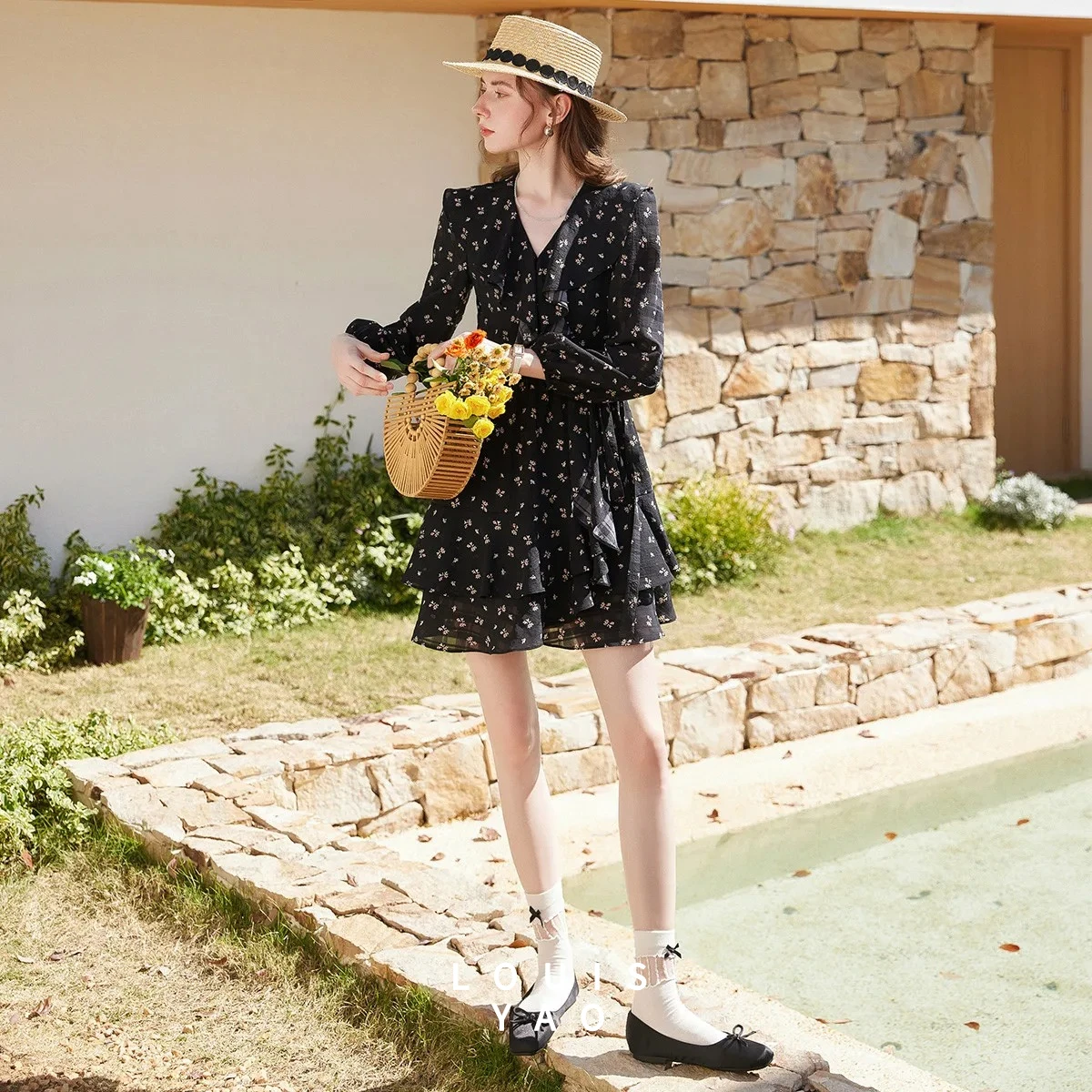 

Платье LOUISYAO Rich Style Sweet Floral для женщин, весна 2026, с рюшами, приталенное, миди, с V-образным вырезом