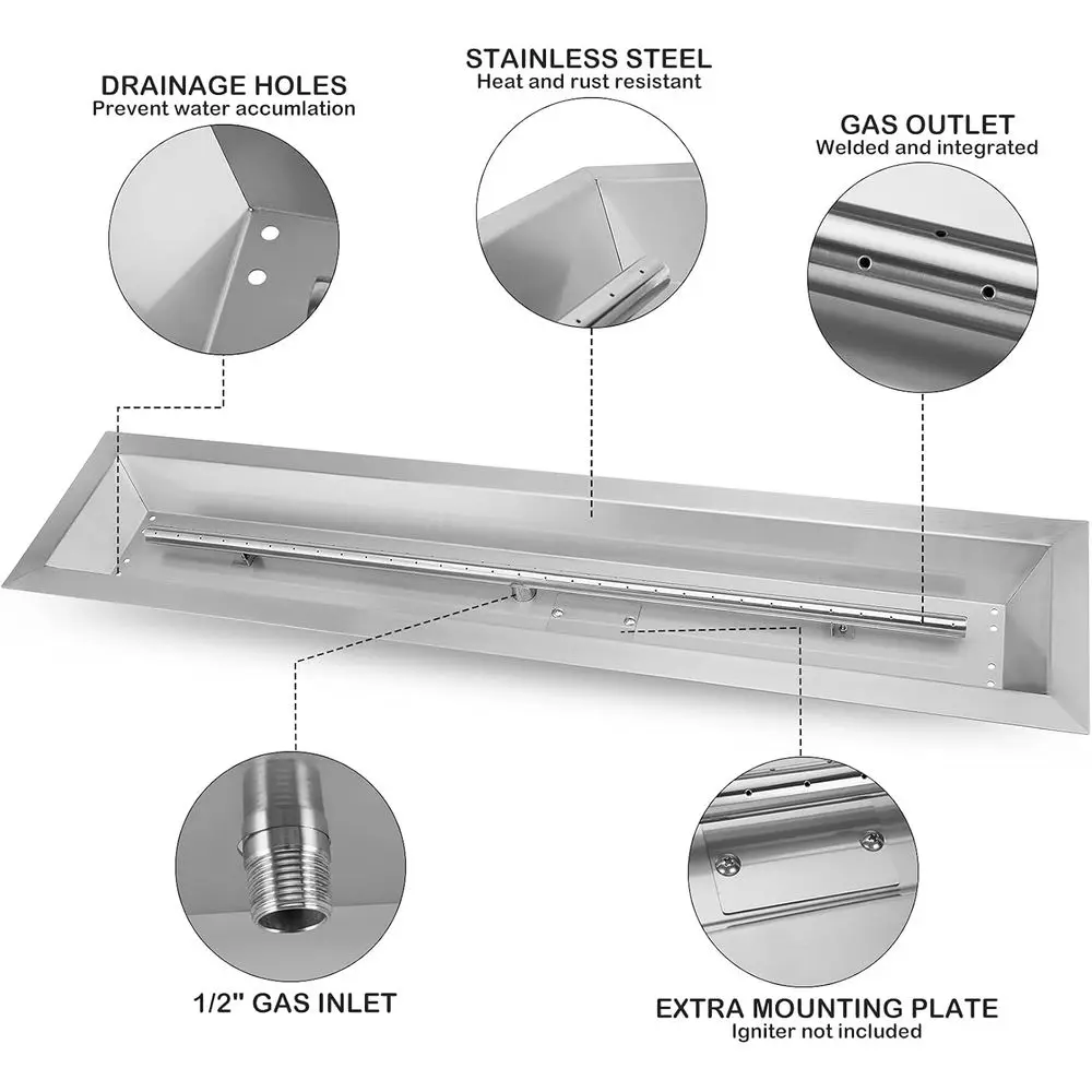Queimador de poço de fogo linear de aço inoxidável 6 x 48, gás externo, máximo 91,000 BTU