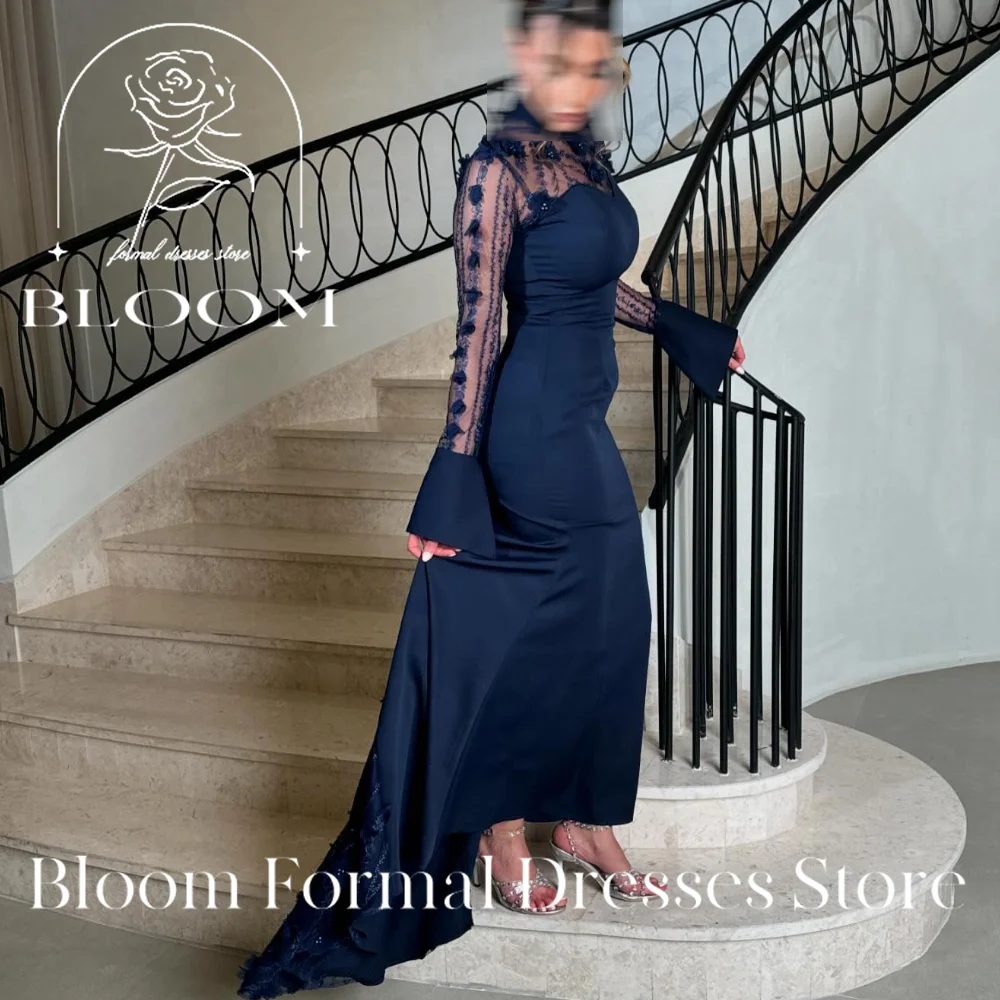 Bloom Customized Ankle Length 3D Flowers Flare Sleeve Straight Zipper Back Elegant Party Evening Dresses Woman High Quality