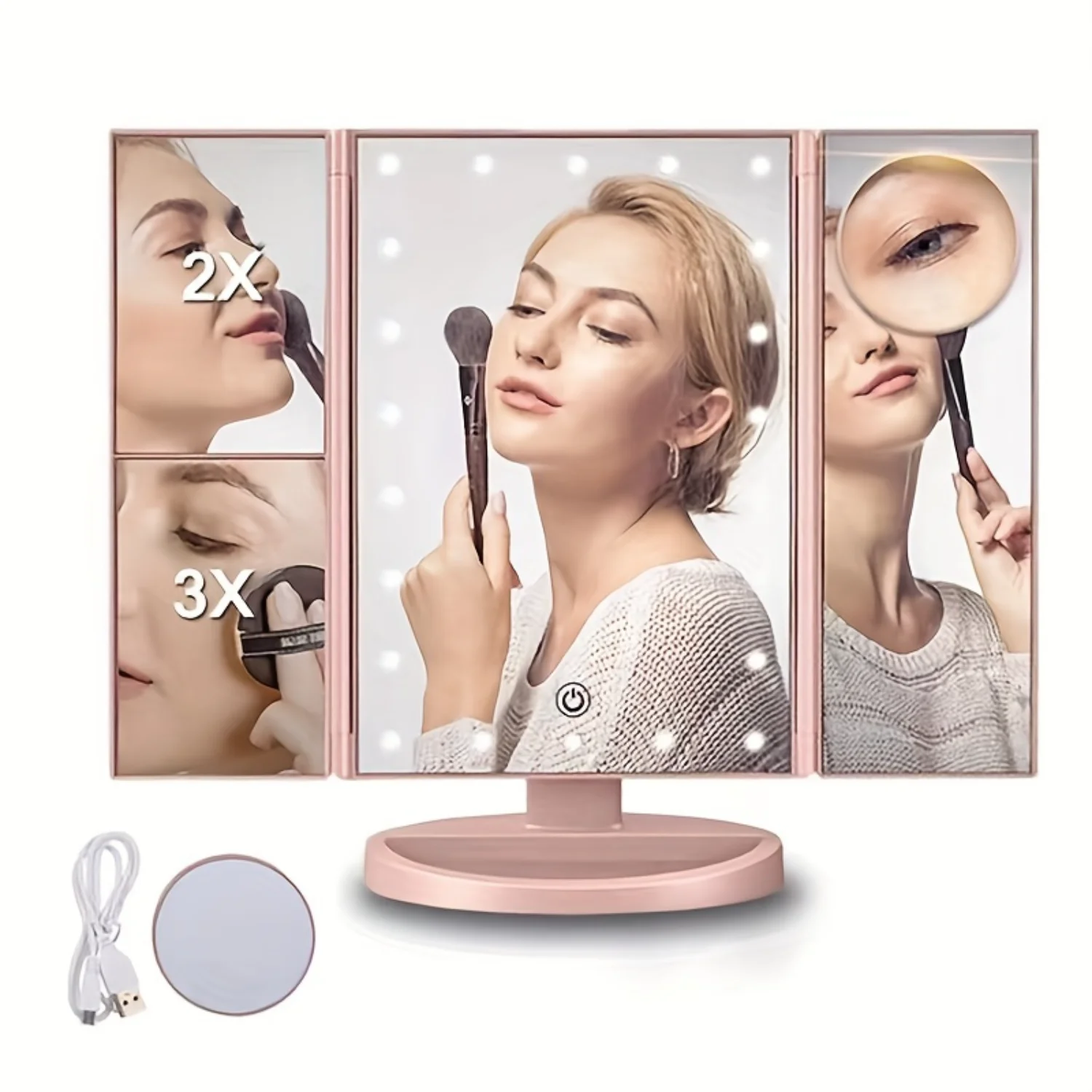 Tri-Fold LED Makeup Mirror with 3X Magnification -  Control, , Dual Power & Portable Design - The Perfect Gift for Beauty Lovers