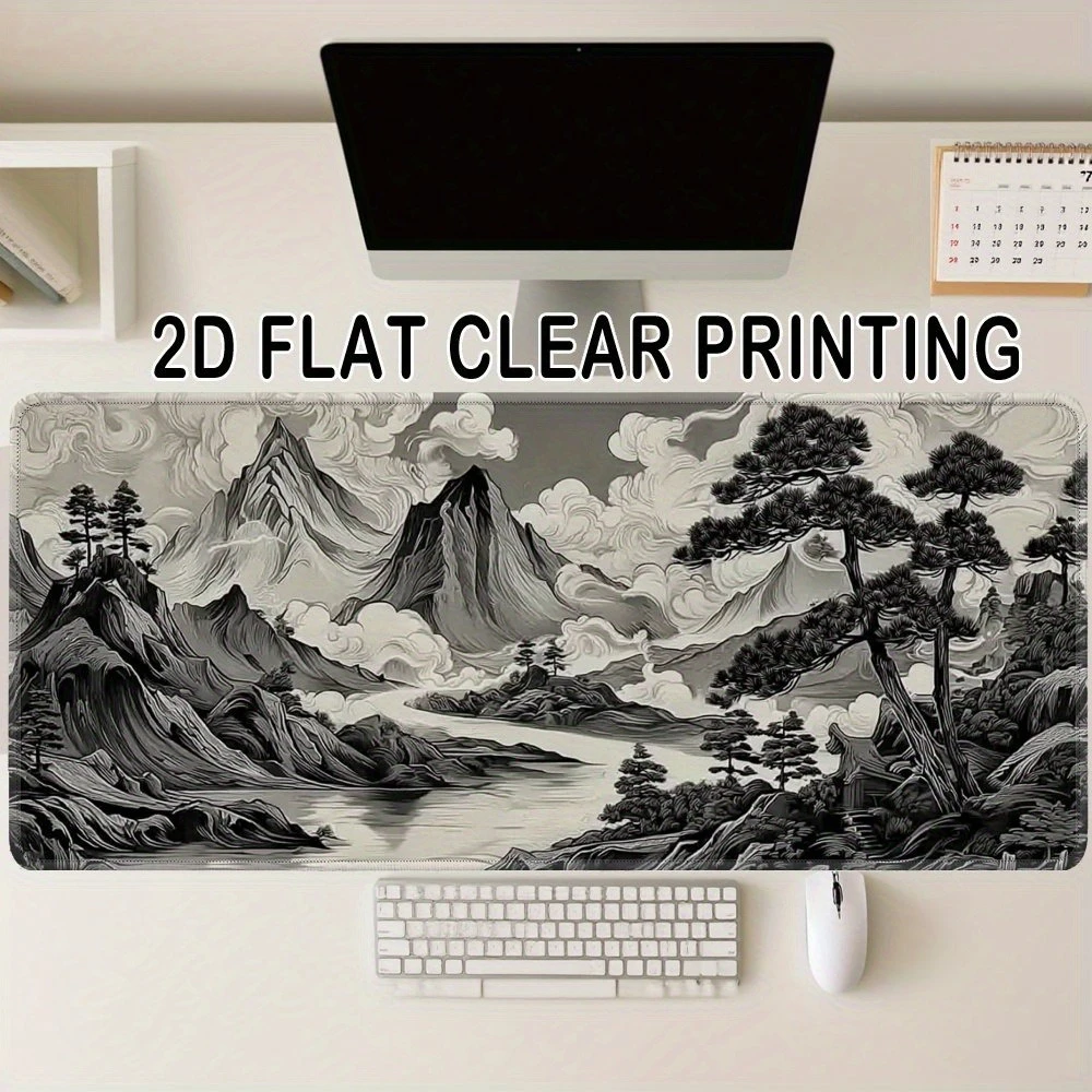 

Black White Ink Landscape 2D Clear Printing Desk Pad Extra Large Soft Rubber Mouse Pad Traditional Aesthetic Mat Multi-Size Mat