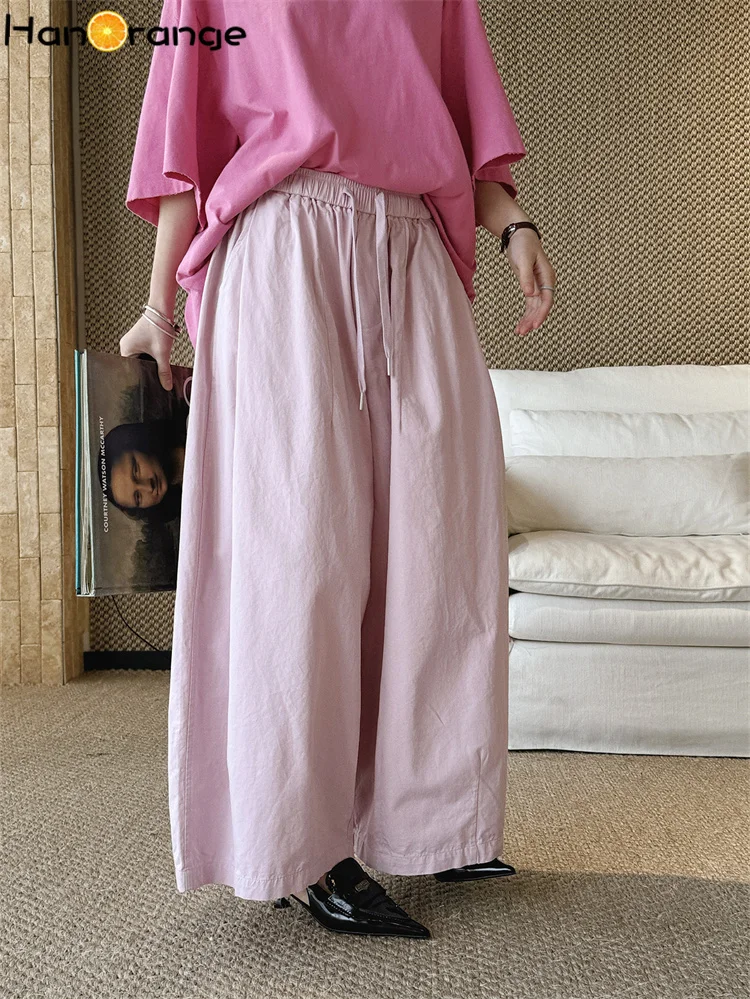 

HanOrange 2026 Весна/Лето: Простые повседневные брюки свободного кроя с эластичным поясом на шнурке для женщин, цвета: молочно-белый/розовый/темно-синий