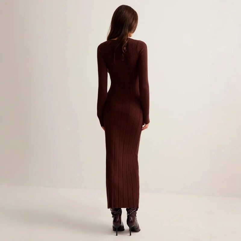 여성용 드레스 바디콘 니트 드레스 브이넥 긴팔 슬림핏 프렌치 레트로 솔리드 컬러 우아한 오피스 파티웨어