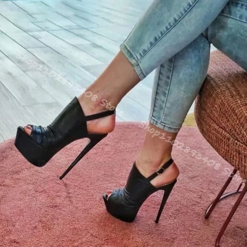 Sandalias con punta de plataforma abierta Para mujer, Zapatos de cuero suave con hebilla en el tobillo, estilo británico, fiesta de verano, color negro