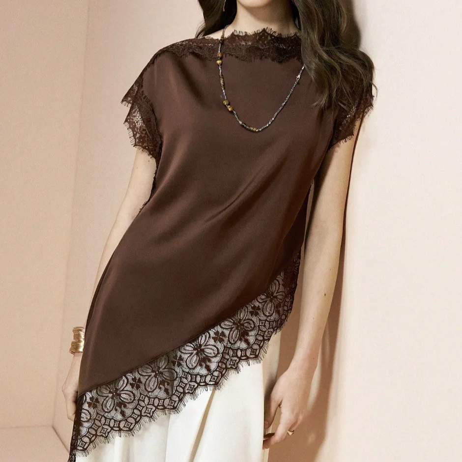 Summer Lace Patchwork Short-sleeve T-shirt, Women's Loose-fitting Top Birthday Dress Maxi Lace Robe Elegant