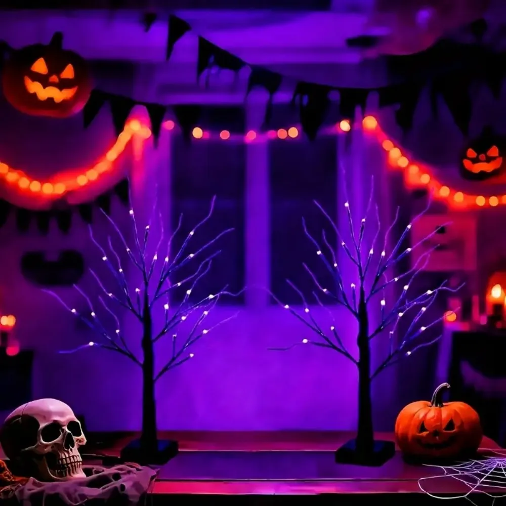 1PC24LED ضوء شجرة الهالوين، متوفر بألوان فاتحة برتقالية وأرجوانية، مدعوم بالبطارية وUSB، يستخدم لتزيين العطلات
