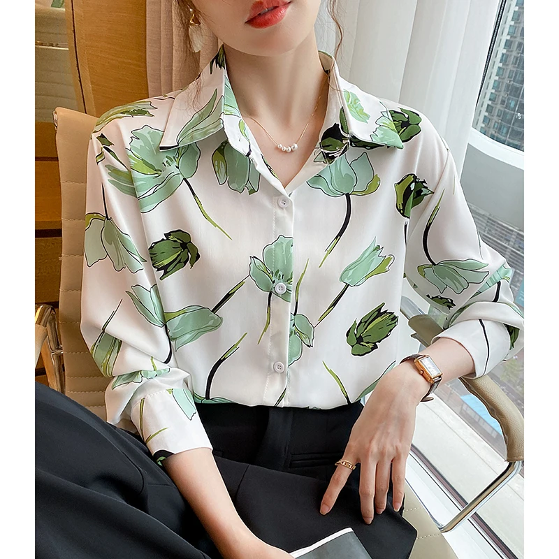 Women Spring Korean Loose Vintage Printing Chiffon Turn-down Collar Long Sleeve Shirts Women Clothes Casual Appear Thin Tops