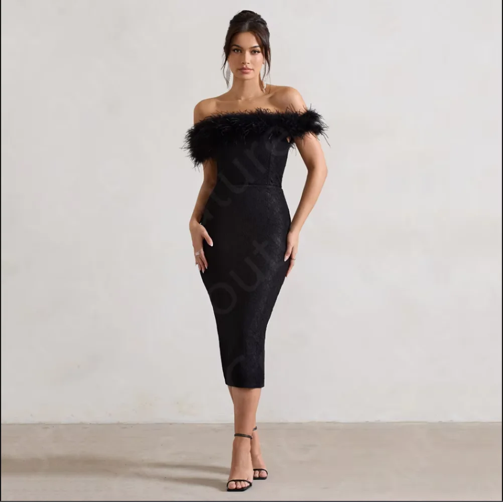 Vestido de fiesta negro clásico personalizado, vestidos de noche de encaje, vestido de desfile hasta media pantorrilla, vestido de fiesta con plumas y hombros descubiertos, abertura en la espalda