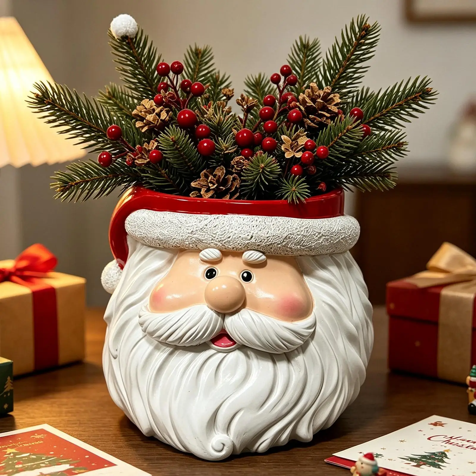 Christmas Planter Cute Compact Festive Santa Claus Planter Holiday Flower Pot for Home Desk Balcony Windowsill Patio Entrance