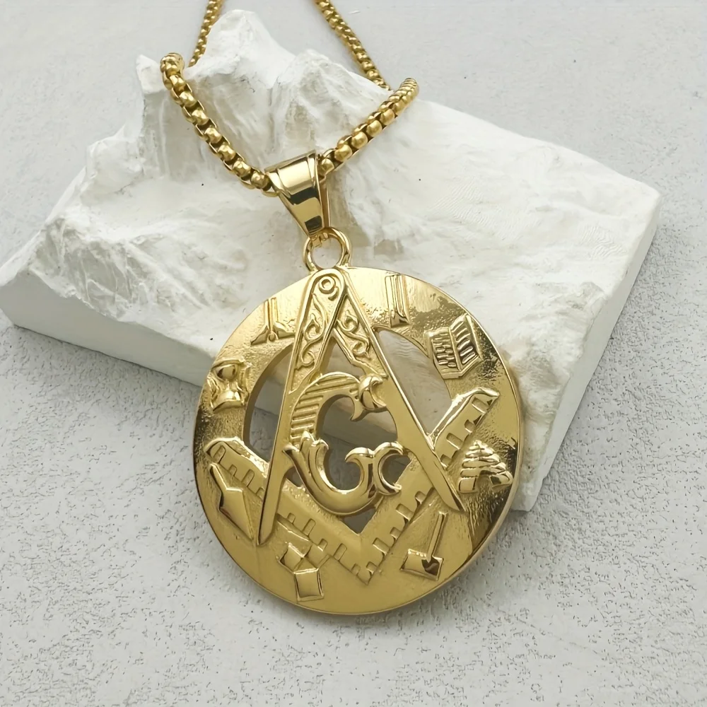 GREPPN Masonic AG Pendant Necklace For Men 316L Stainless Steel Golden Freemason Symbol Religious Fashion Jewelry
