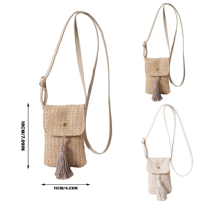 E74B Woven Straw Phone Bag with Adjsutable Strap and Tassels Shoulder Crossbody Purse Wallet for Women Beach and Travel