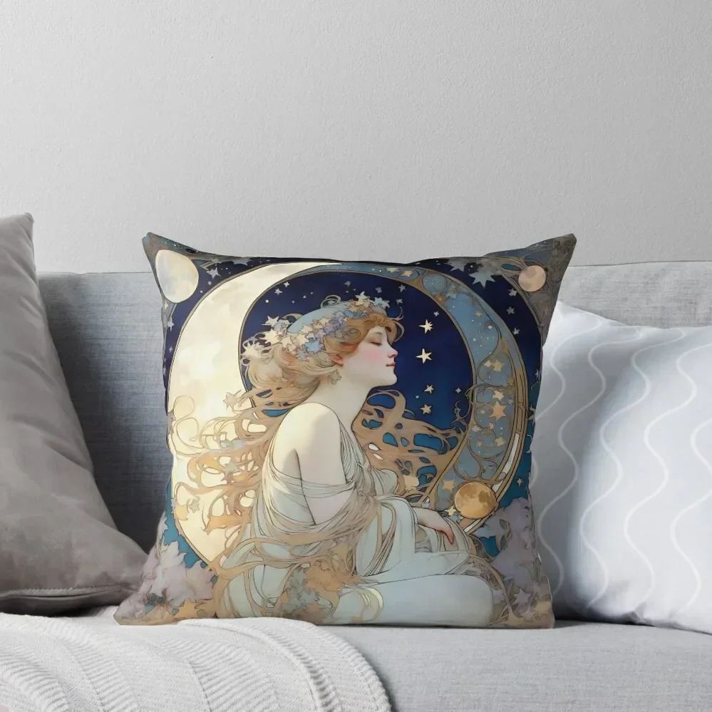 

Celestial Dreams Alphonse Mucha Inspired Moon and Stars Throw Pillow luxury sofa pillows Cushion Child pillow