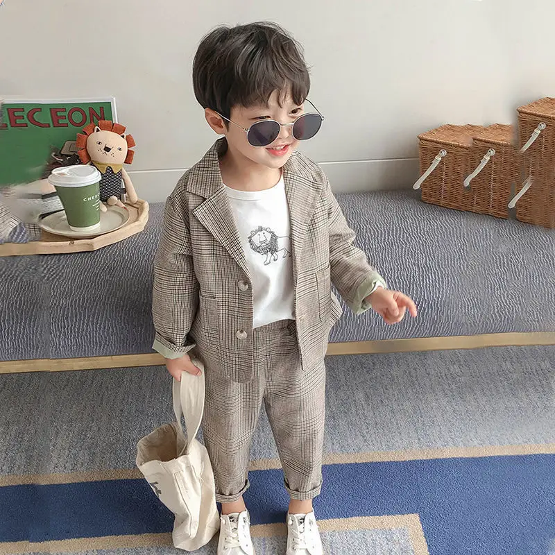 Plaid Formal wear Thin Outerwear Spring Autumn children\'s clothing Suit Kids Clothes Boys V-Neck Tops + pants 2 piece set