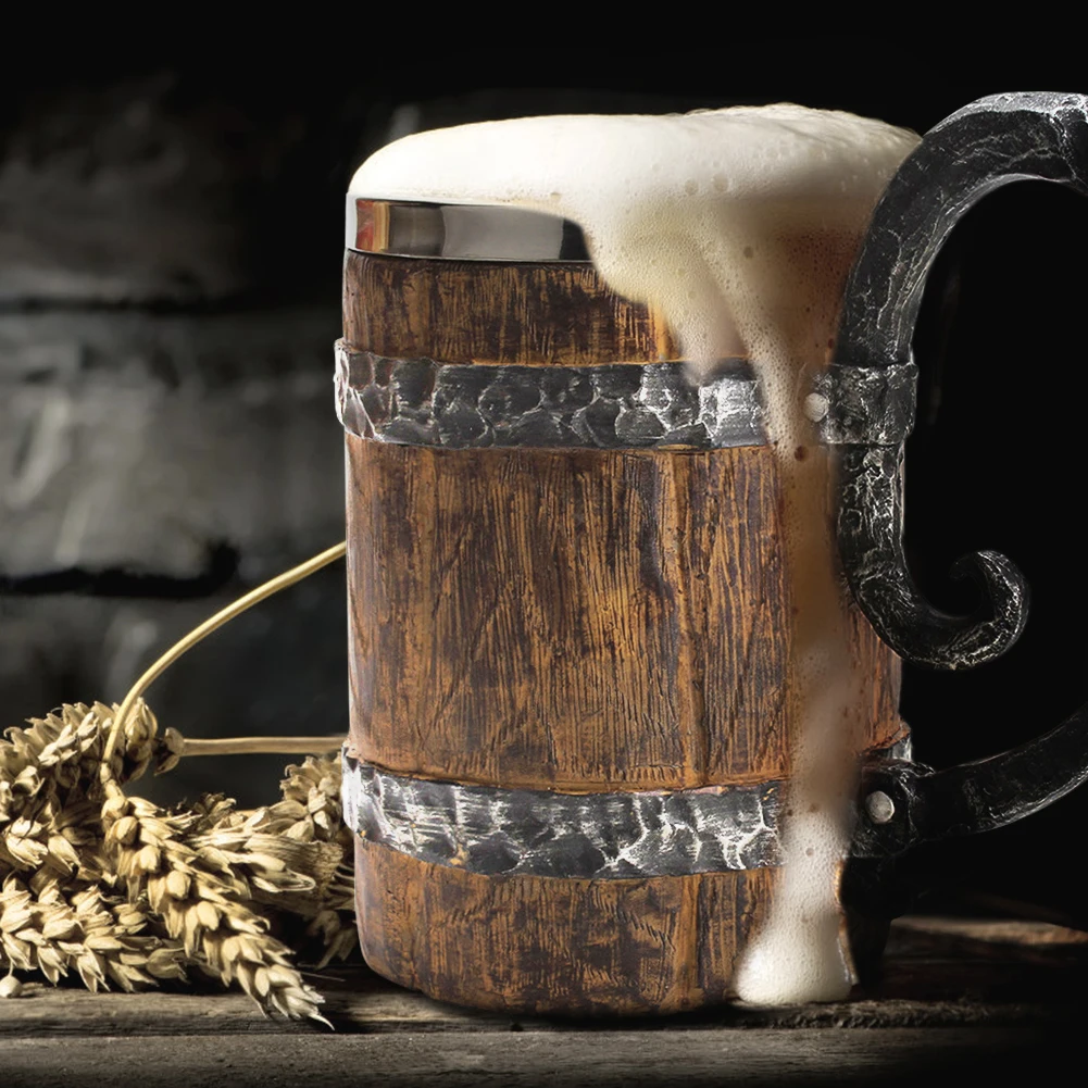 Wooden Barrel Beer Cup Stainless Steel Coffee Mug Viking Style Vintage Beer Mug Double Wall Drinking Cup Halloween Bar Drinkware