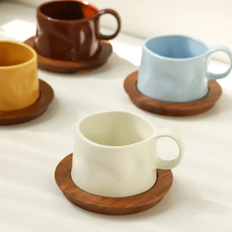 Nordic Wrinkled Premium Solid Color Ceramic Coffee Cup and Wood Saucer set Home Afternoon Tea Cup Set