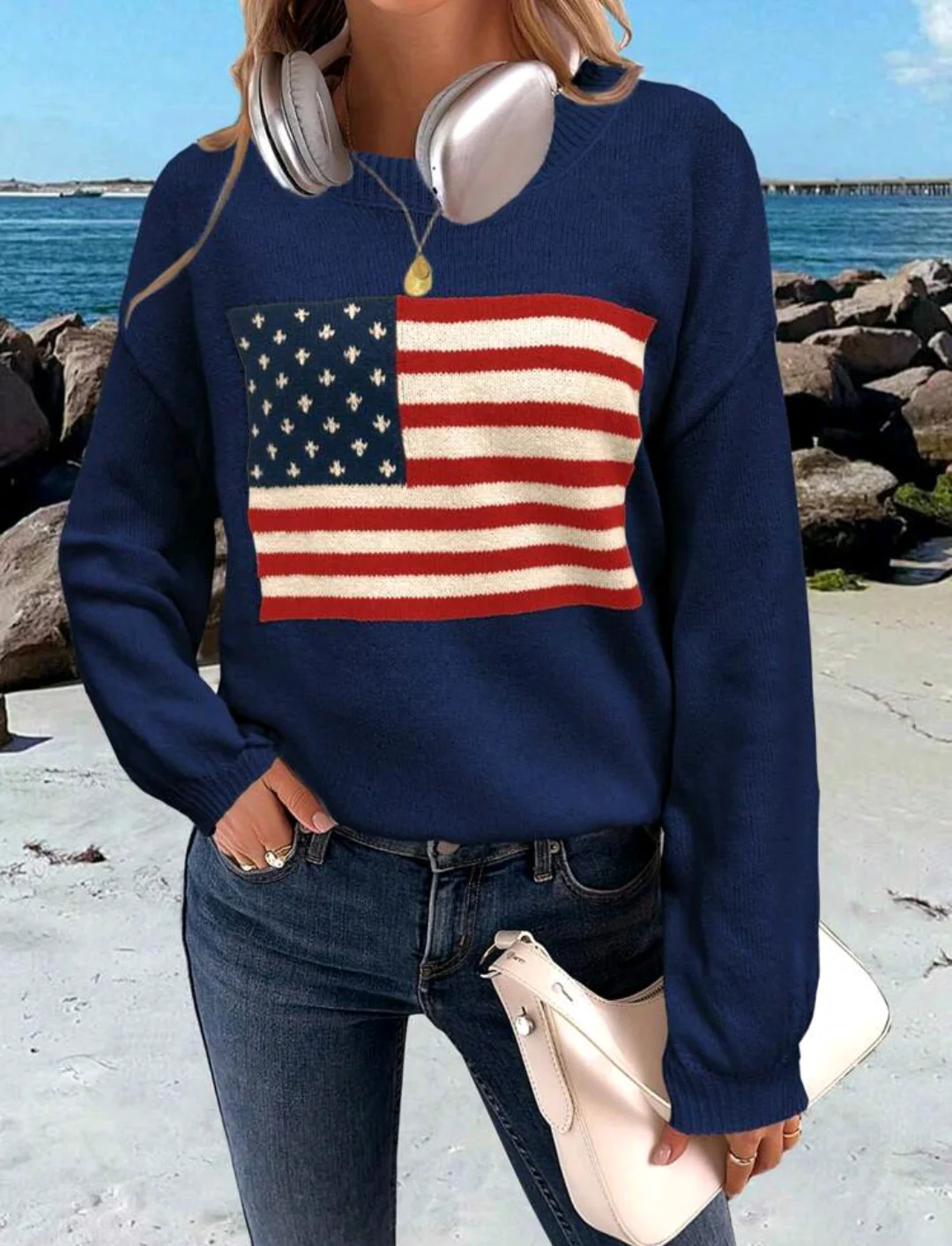 Round Necked National Flag Pattern Knitted Sweater Simple And Versatile Women\'s Clothing