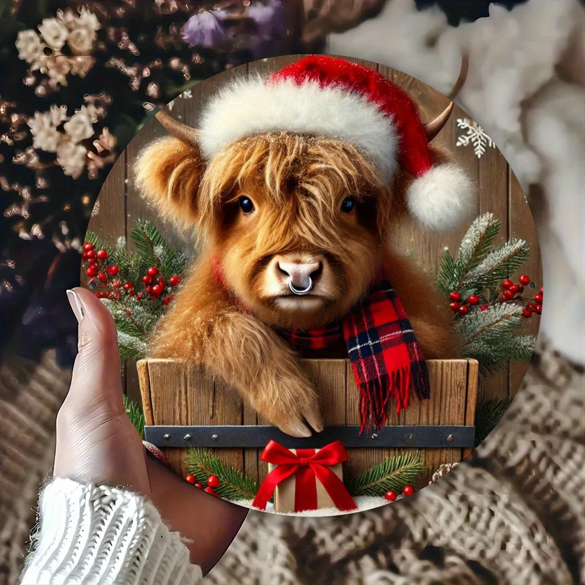 2D Flat, 1pc Vintage Highland Cow Christmas Metal Sign - Rustic Iron Door Wall Decor with Santa Hat, Plaid Scarf & Holly Berries