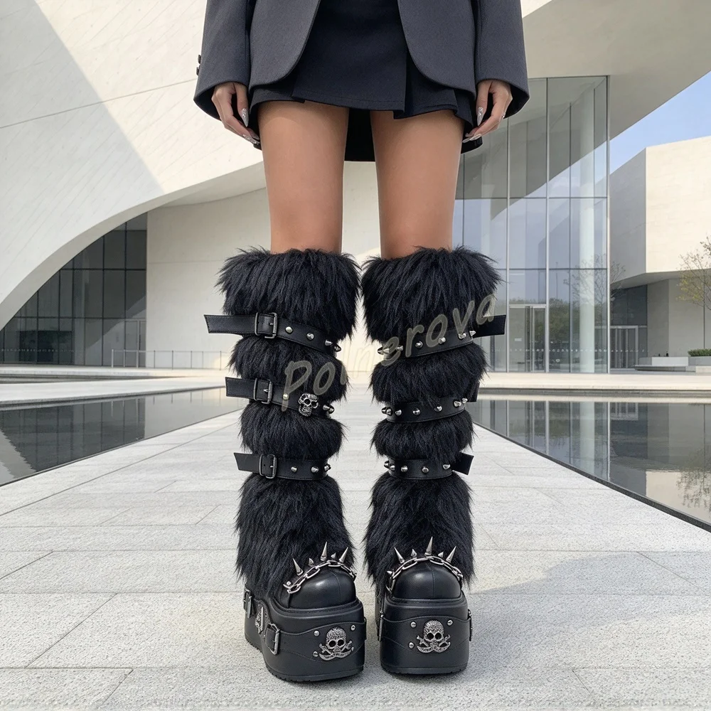 Skull Spikes Chain Fur Boots Women Multi Rivet Gothic Super Thick Sole Knee High Platform Boots Punk Rock Winter Boots