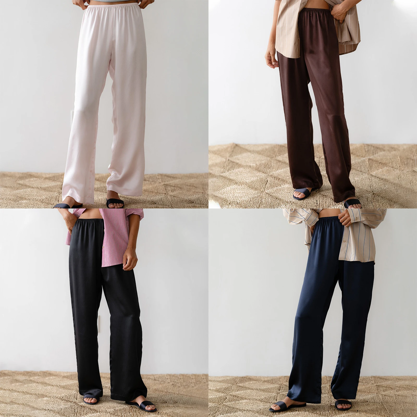 Womens Solid Silk Lounge Pants Elastic Waistband Wide Leg Casual Pull On Trousers