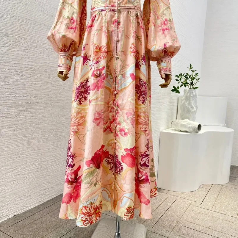 Vestido Midi de manga larga con estampado Floral para mujer, vestido rosa y rojo con cuello de pico, alta calidad, novedad de 2024