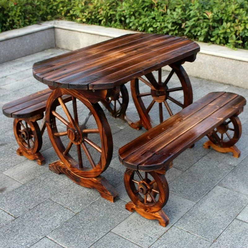 For Solid Wood Wagon Wheel Table Set with Stools, Weatherproof Patio Furniture, Rustic Garden Coffee Table