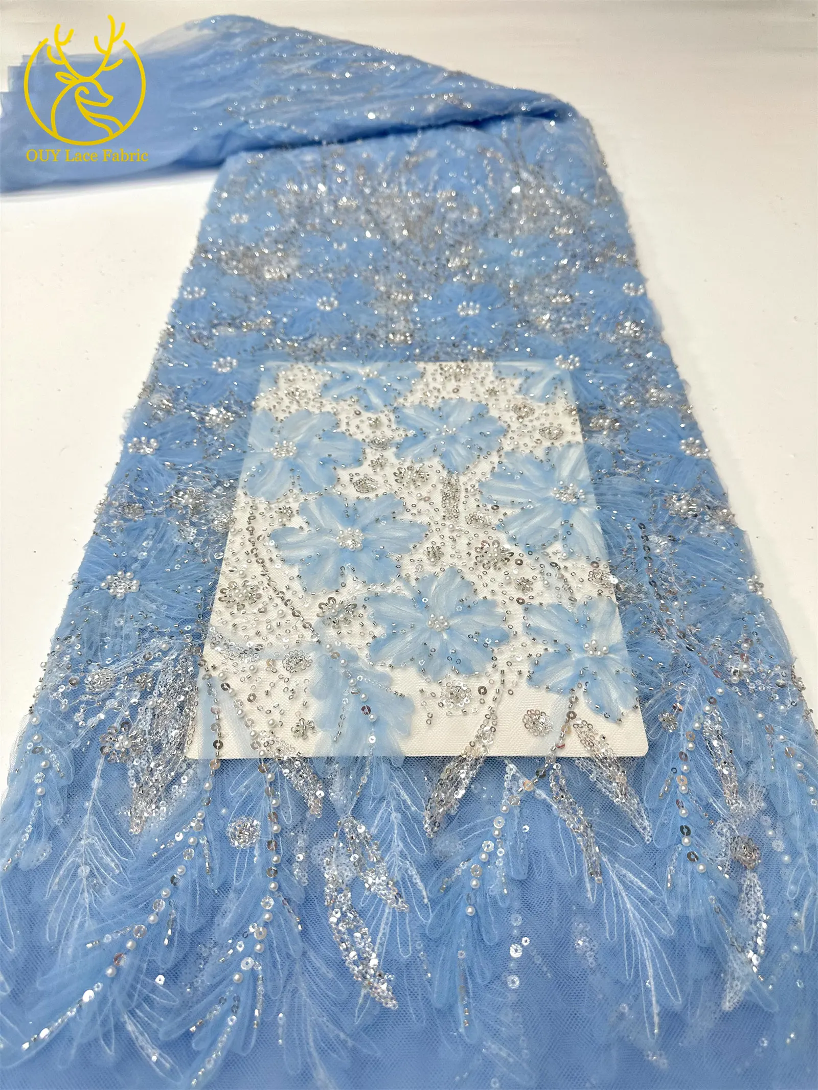 Fashion African Sparkling Sequin Mesh Lace Fabric, Elegant Sheer Tulle Beaded Lace for Ladies Formal Evening Long Dress Making